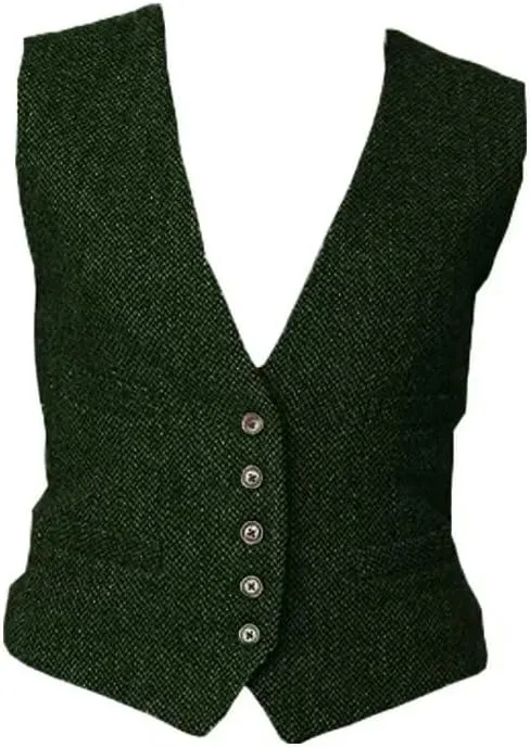 Women's Formal Herringbone Tweed Suits Vest V-Neck Casual Waistcoat