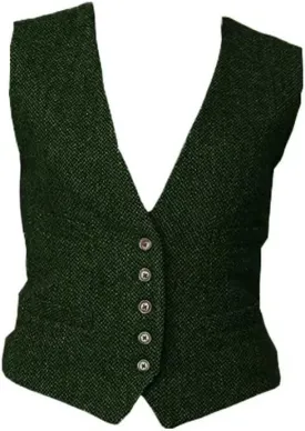 Women's Formal Herringbone Tweed Suits Vest V-Neck Casual Waistcoat