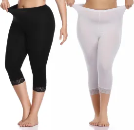 Women's Plus Size Lace Trim Capri Leggings Stretch Crop Leggings Soft Workout Yoga Tights Pants