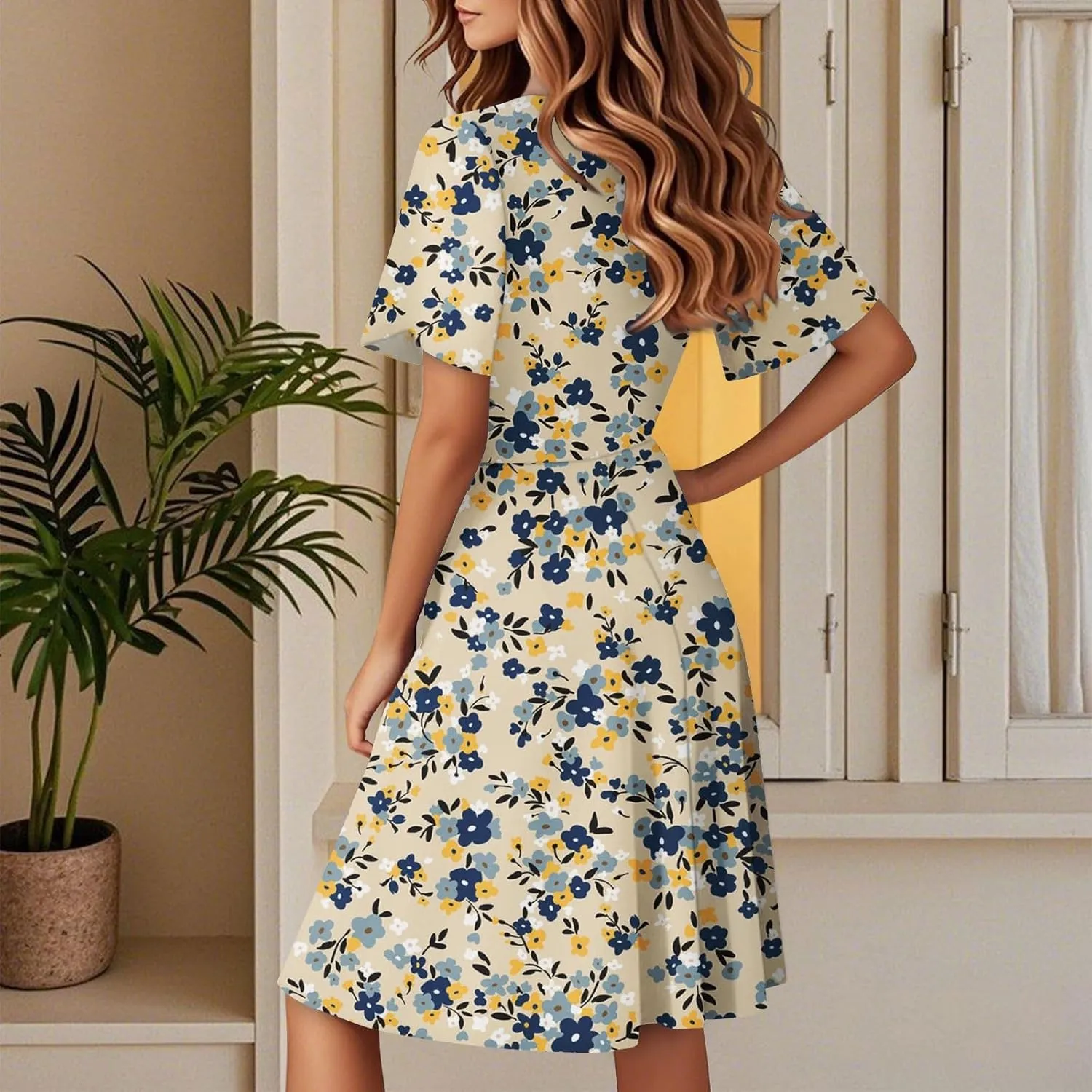 Women's Summer Dresses 2025 Boho Floral Beach Casual Deep V Neck Sundress Fashion Flowy Midi A-line Dress