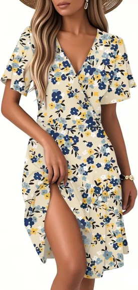 Women's Summer Dresses 2025 Boho Floral Beach Casual Deep V Neck Sundress Fashion Flowy Midi A-line Dress