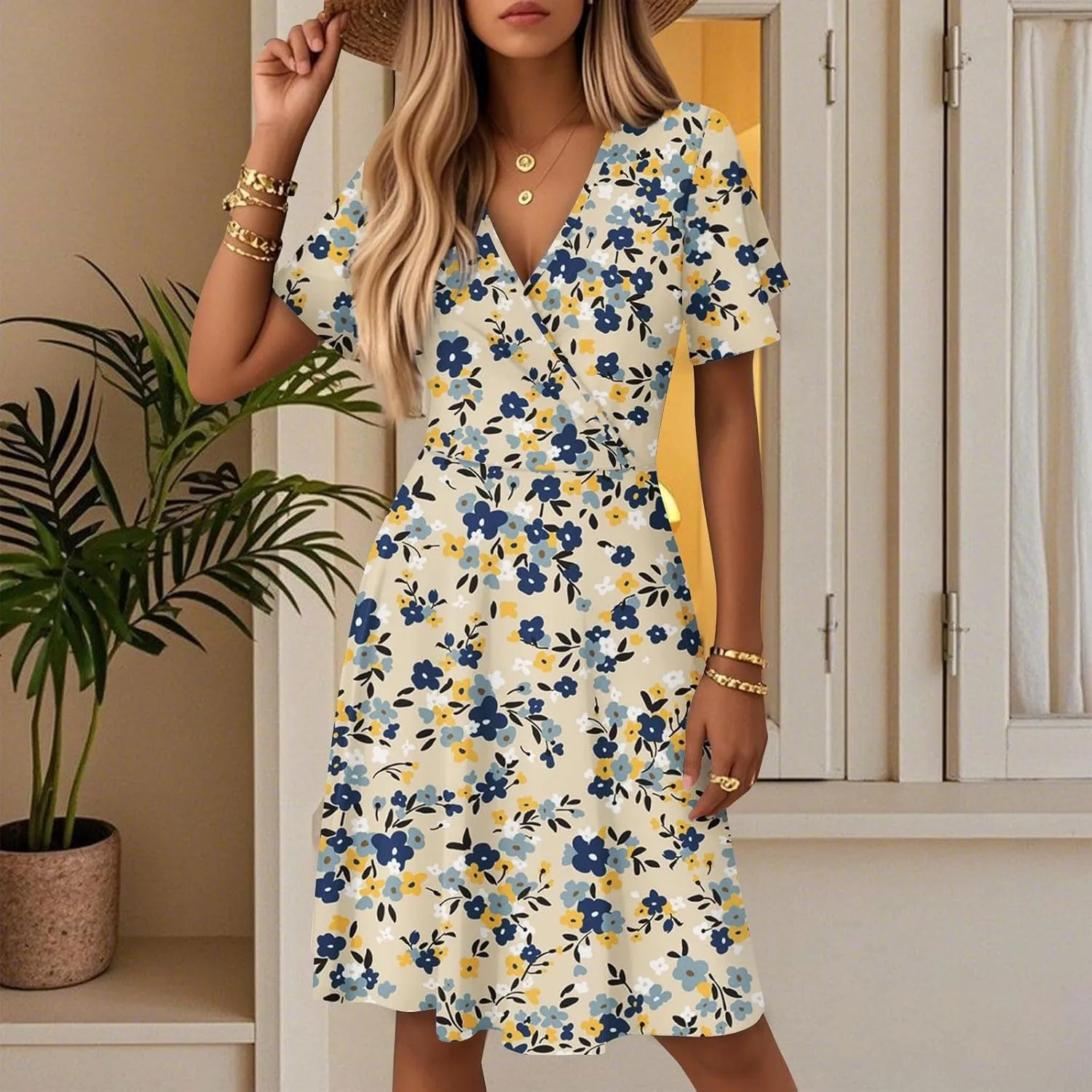 Women's Summer Dresses 2025 Boho Floral Beach Casual Deep V Neck Sundress Fashion Flowy Midi A-line Dress