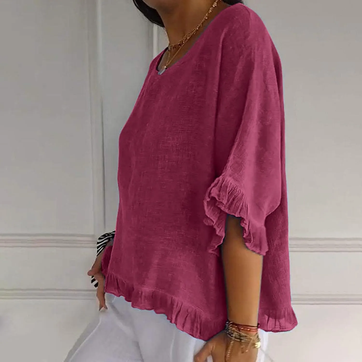 Womens Summer Linen Shirts Cute Ruffle Elbow Sleeve Cotton Tops Casual Crew Neck Plain Tshirt Loose Peasant Blouses
