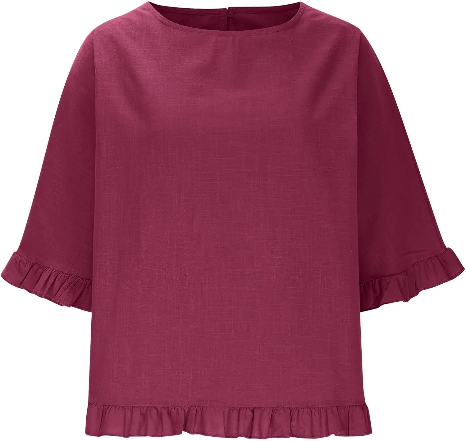 Womens Summer Linen Shirts Cute Ruffle Elbow Sleeve Cotton Tops Casual Crew Neck Plain Tshirt Loose Peasant Blouses
