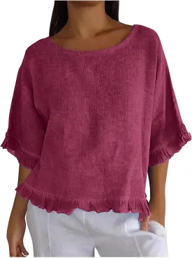 Womens Summer Linen Shirts Cute Ruffle Elbow Sleeve Cotton Tops Casual Crew Neck Plain Tshirt Loose Peasant Blouses