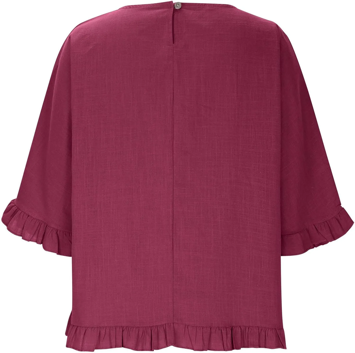 Womens Summer Linen Shirts Cute Ruffle Elbow Sleeve Cotton Tops Casual Crew Neck Plain Tshirt Loose Peasant Blouses