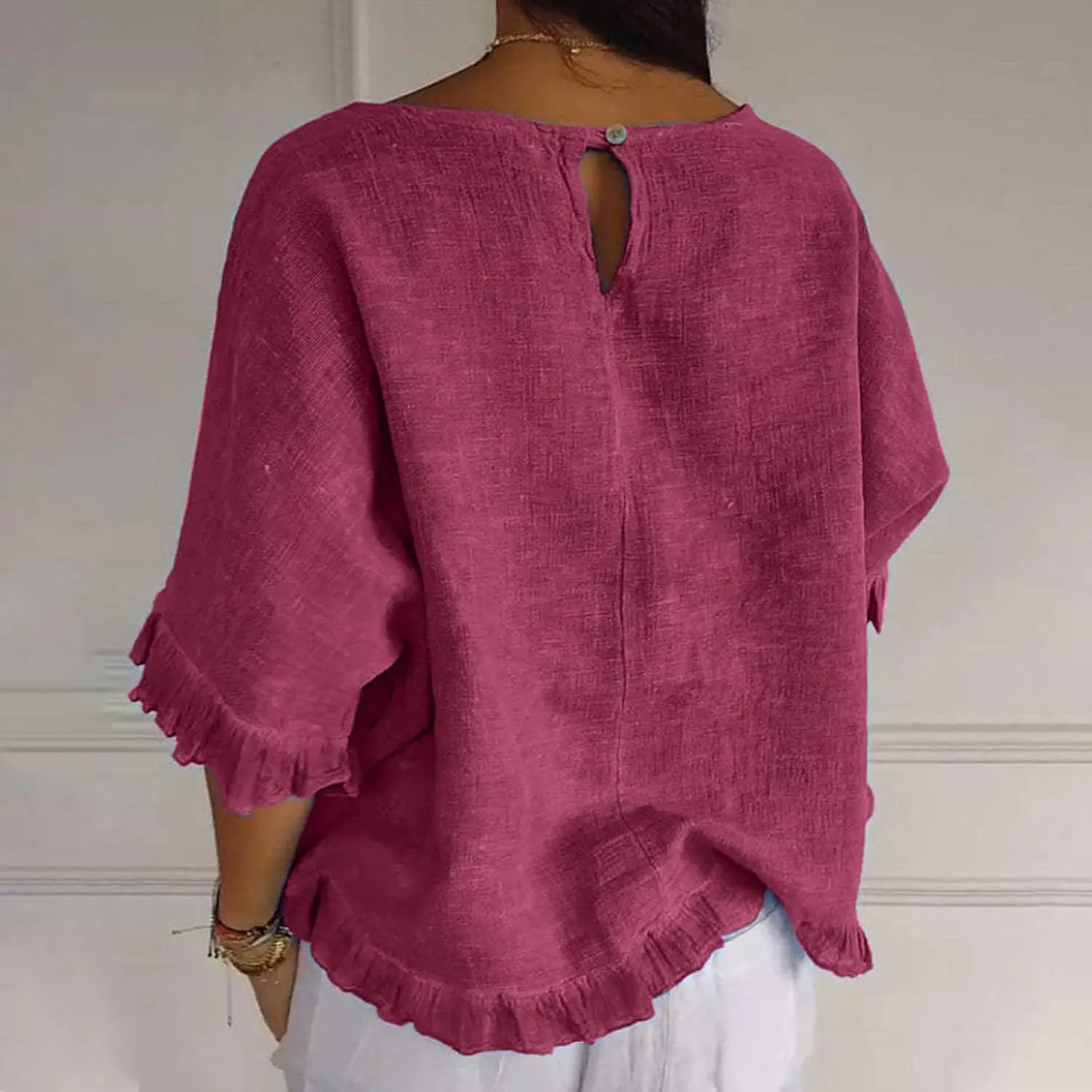 Womens Summer Linen Shirts Cute Ruffle Elbow Sleeve Cotton Tops Casual Crew Neck Plain Tshirt Loose Peasant Blouses
