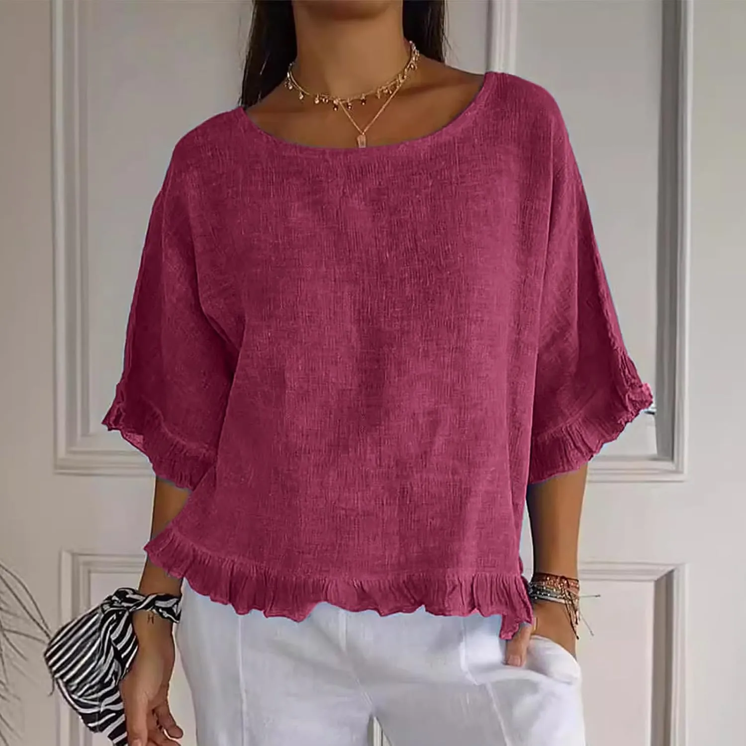 Womens Summer Linen Shirts Cute Ruffle Elbow Sleeve Cotton Tops Casual Crew Neck Plain Tshirt Loose Peasant Blouses