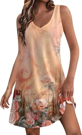 Women's Summer Tank Dresses with Pockets Trendy Boho Beach Dress Elegant Sleeveless V Neck Mini Sundress