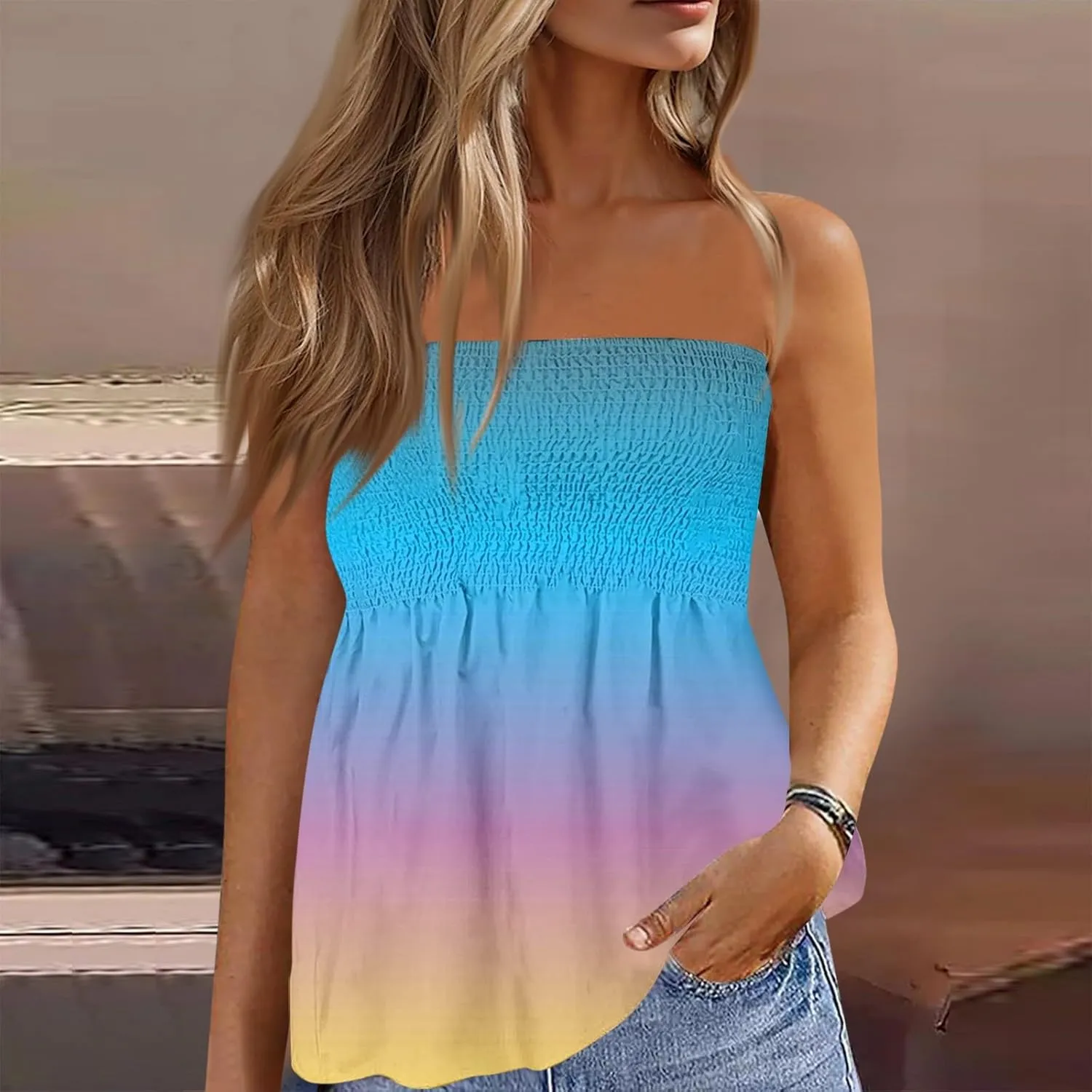 Womens Tube Tops Strapless Striped Tanks Backless Sexy Casual Bandeau Sleeveless Shirts Off Shoulder Floral Blouses