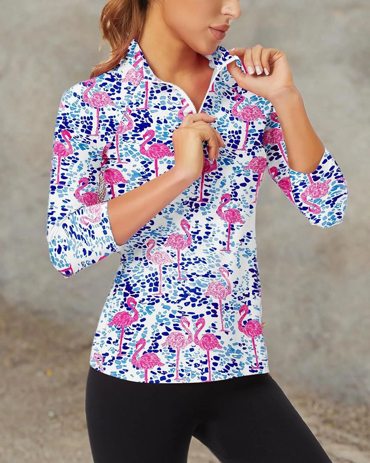 WOWENY Women's 3/4 Sleeve Athletic Golf Shirts Quarter Zip Pullover Collared T-Shirt Workout Print Tennis Top