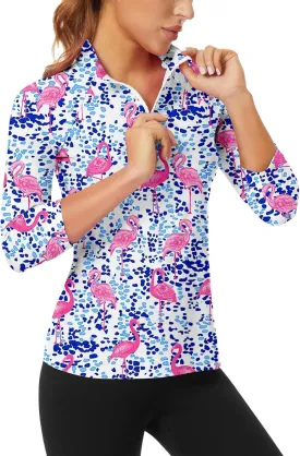WOWENY Women's 3/4 Sleeve Athletic Golf Shirts Quarter Zip Pullover Collared T-Shirt Workout Print Tennis Top