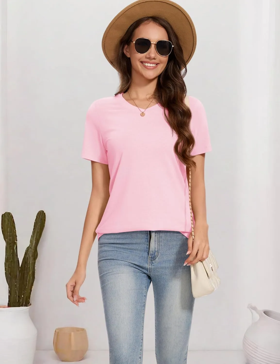 YUCOLEN Women's Cotton Short Sleeve Shirts Soft Breathable UPF 50  V Neck T-Shirts Basic Tops