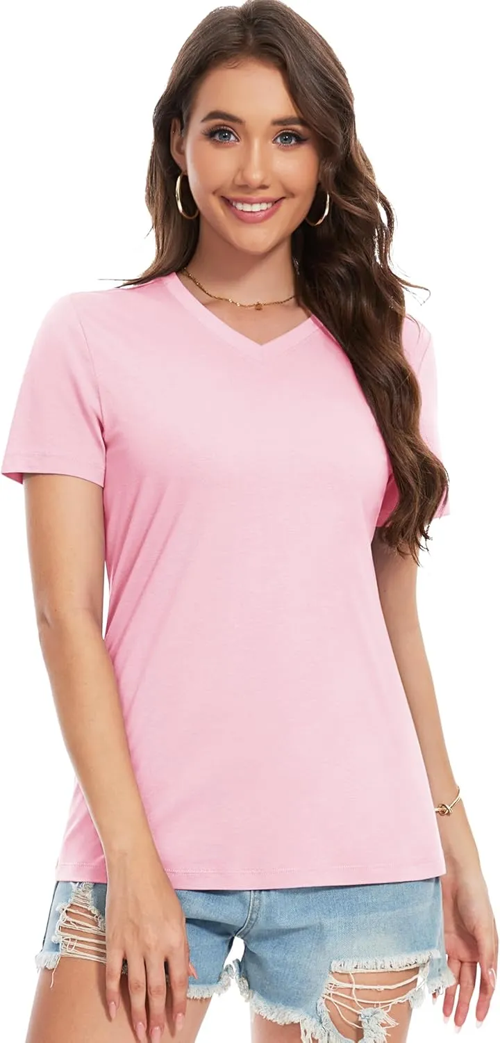 YUCOLEN Women's Cotton Short Sleeve Shirts Soft Breathable UPF 50  V Neck T-Shirts Basic Tops