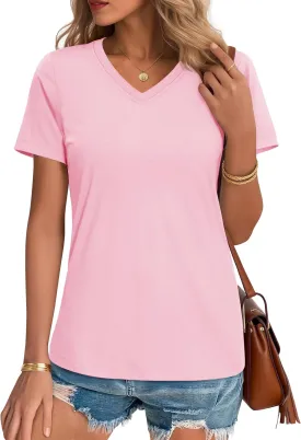 YUCOLEN Women's Cotton Short Sleeve Shirts Soft Breathable UPF 50  V Neck T-Shirts Basic Tops