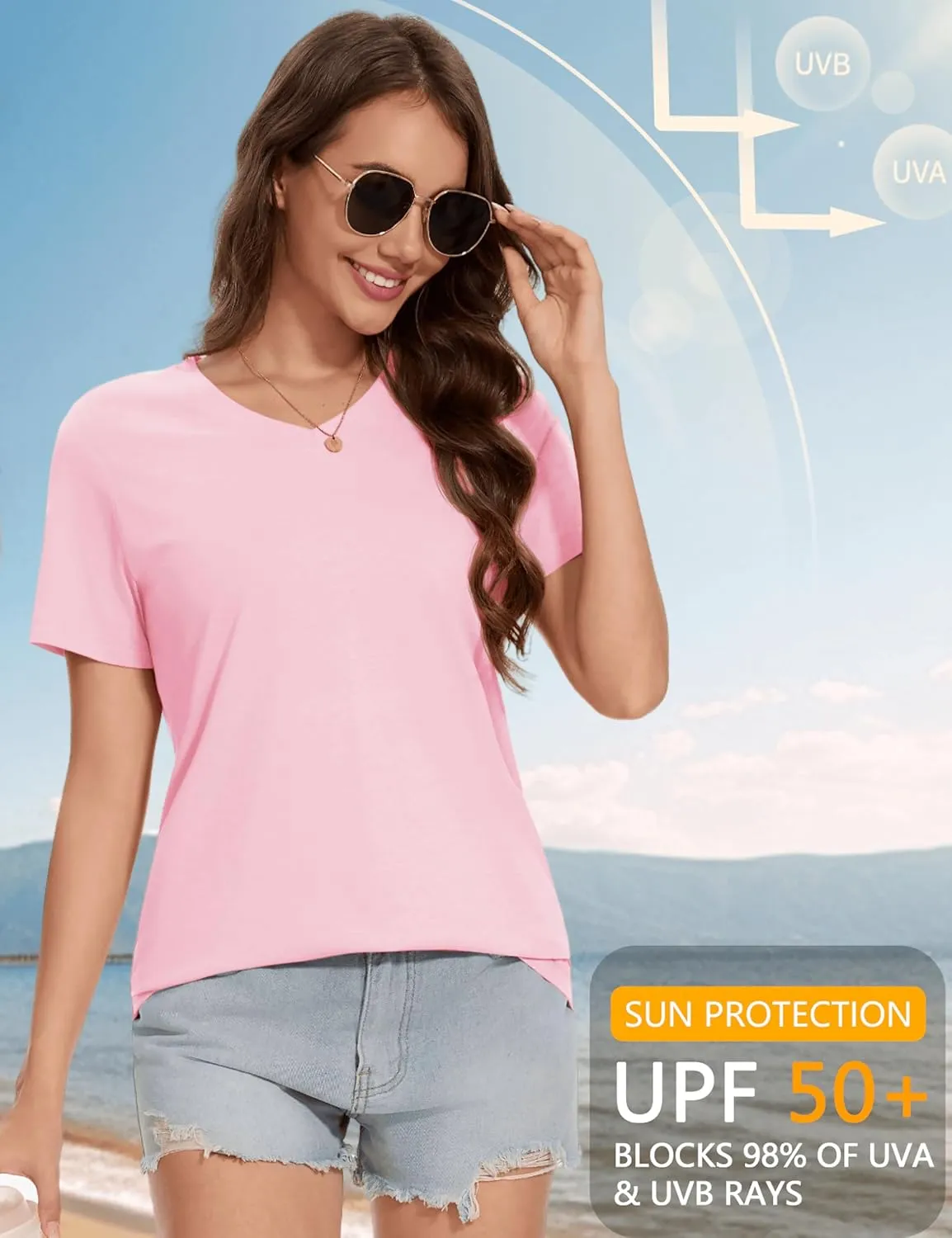 YUCOLEN Women's Cotton Short Sleeve Shirts Soft Breathable UPF 50  V Neck T-Shirts Basic Tops