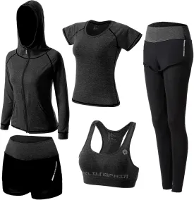 ZETIY Women's 5pcs Sport Suits Fitness Yoga Running Athletic Tracksuits